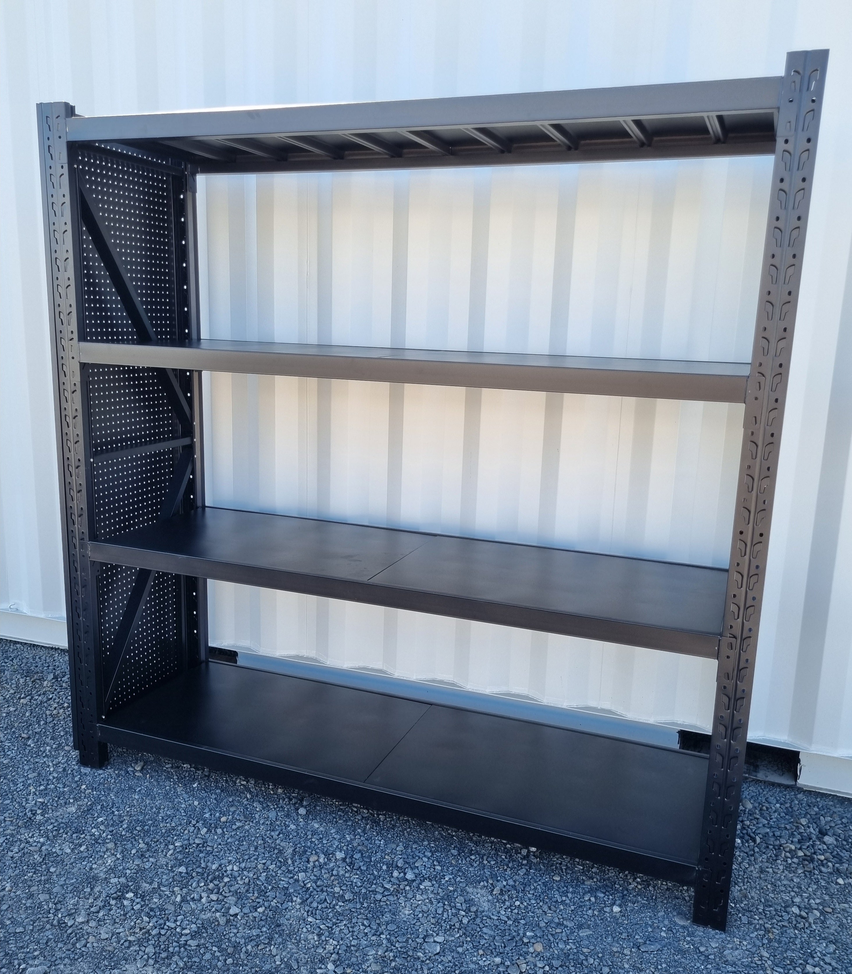 Heavy Duty Shelving (2m) 300kg Per Level - BOLTED/MATTE BLACK (Mesh Side Panel)
