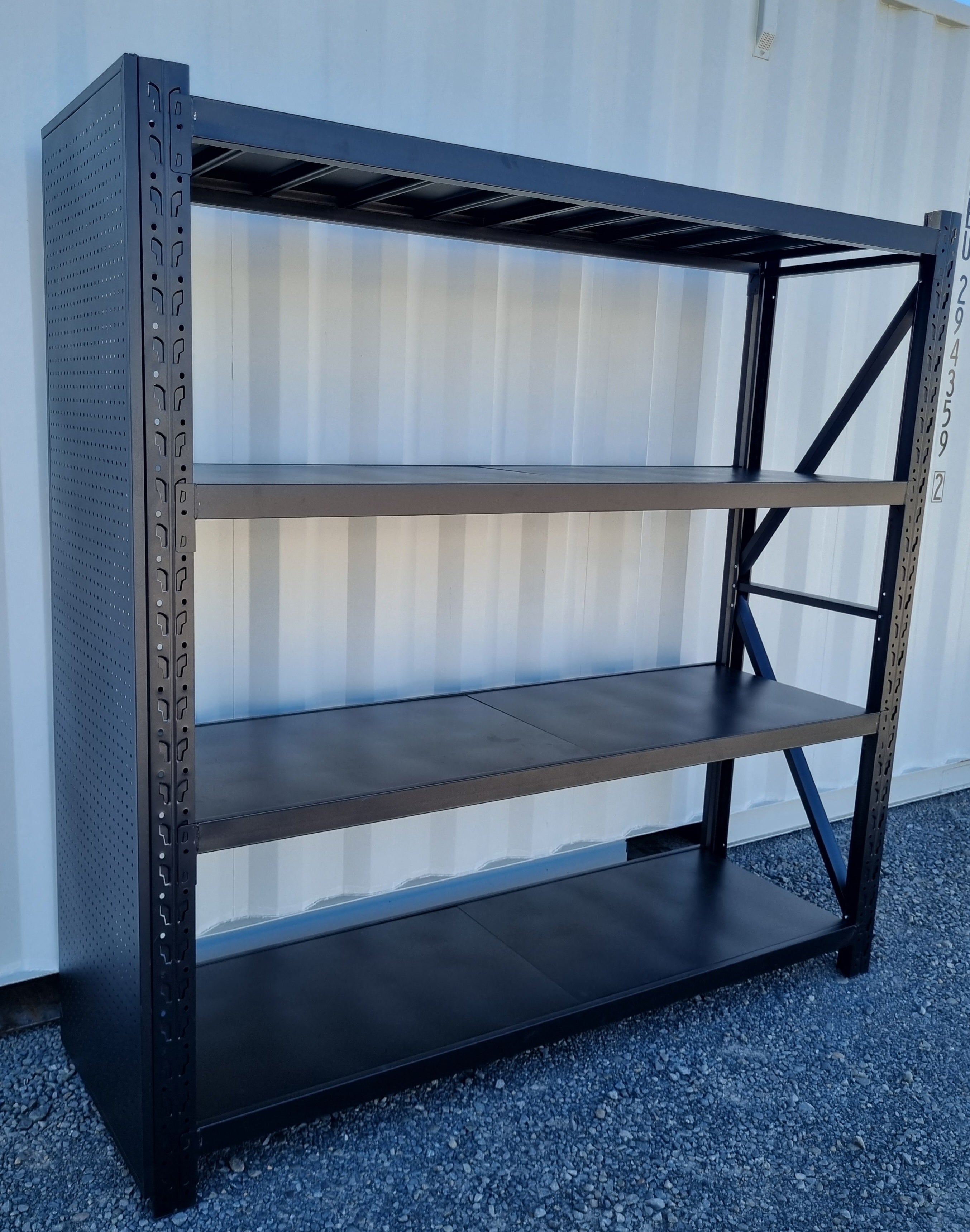 Heavy Duty Shelving (2m) 300kg Per Level - BOLTED/MATTE BLACK (Mesh Side Panel)