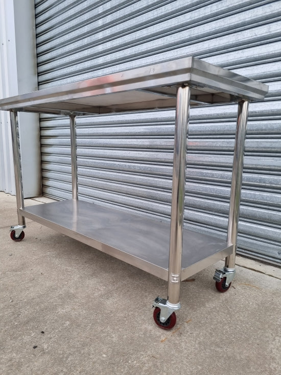 Stainless Steel Bench with Castor Wheels 2 Tier, Non Splashback