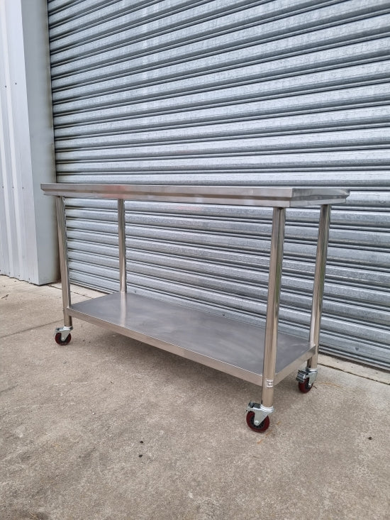 Stainless Steel Bench with Castor Wheels 2 Tier, Non Splashback