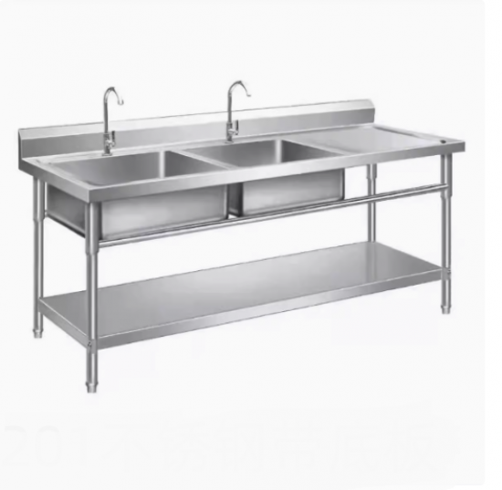 Stainless Steel Double Sink Left or Right Side Sinks with Bench, Splash back and Bottom Shelf