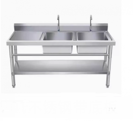 Stainless Steel Double Sink Left or Right Side Sinks with Bench, Splash back and Bottom Shelf